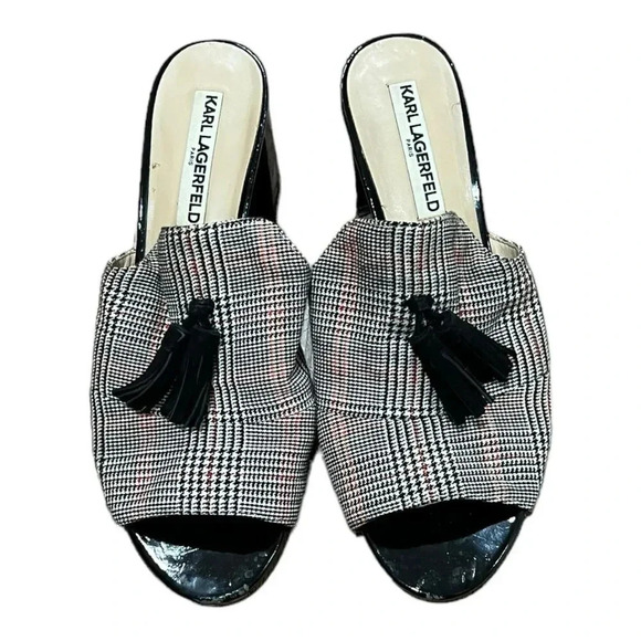 Karl Lagerfeld Gray Plaid Tassle Block Heel Hettie Mules 9 - Picture 2 of 11